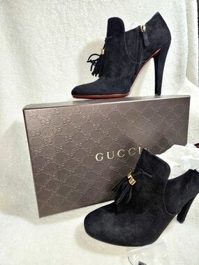 Gucci Black Suede Tassel High Heel Ankle Booties
